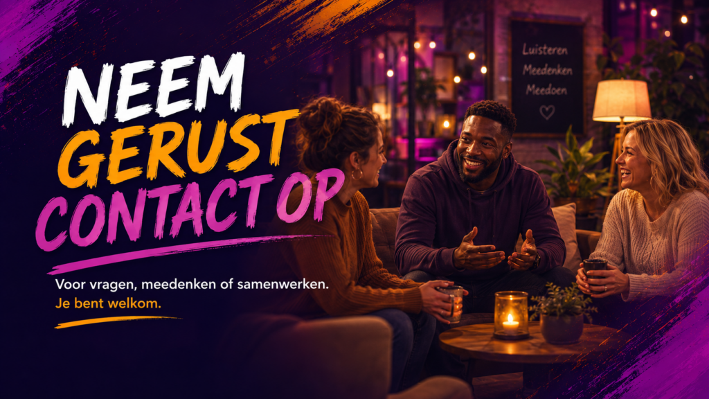 Contact banner van Moed & Ontmoet met mensen in gesprek, warme verlichting en de uitnodiging om contact op te nemen voor vragen, meedenken of samenwerken.