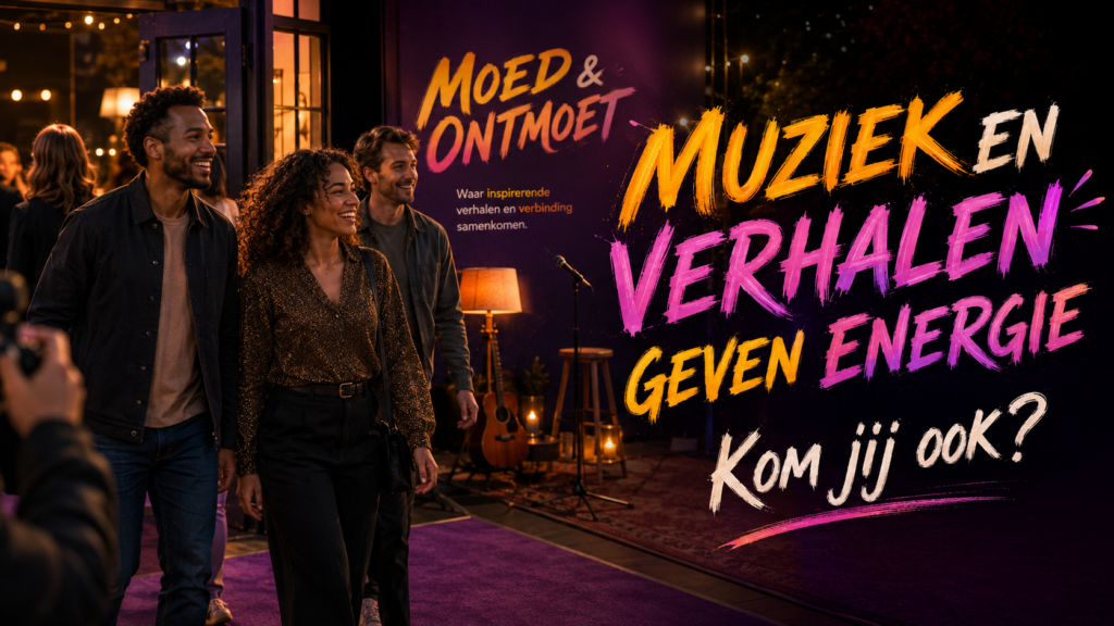 Moed & Ontmoet banner met mensen die samenkomen in een warme setting met muziek, storytelling en ontmoeting als groeiplek voor richting, hoop en verbinding.